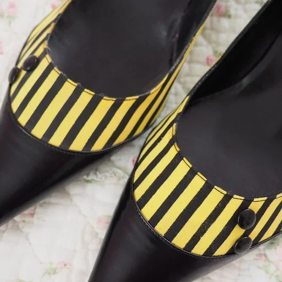 Authentic Marc Jacobs Yellow and Black Striped Pointy Heels Size 10
